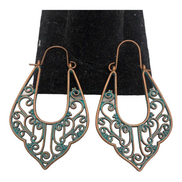 Boho Chic Turquoise Patina Copper Vintage-Chic Copper Unique Patina Earrings - Picture 6 of 9